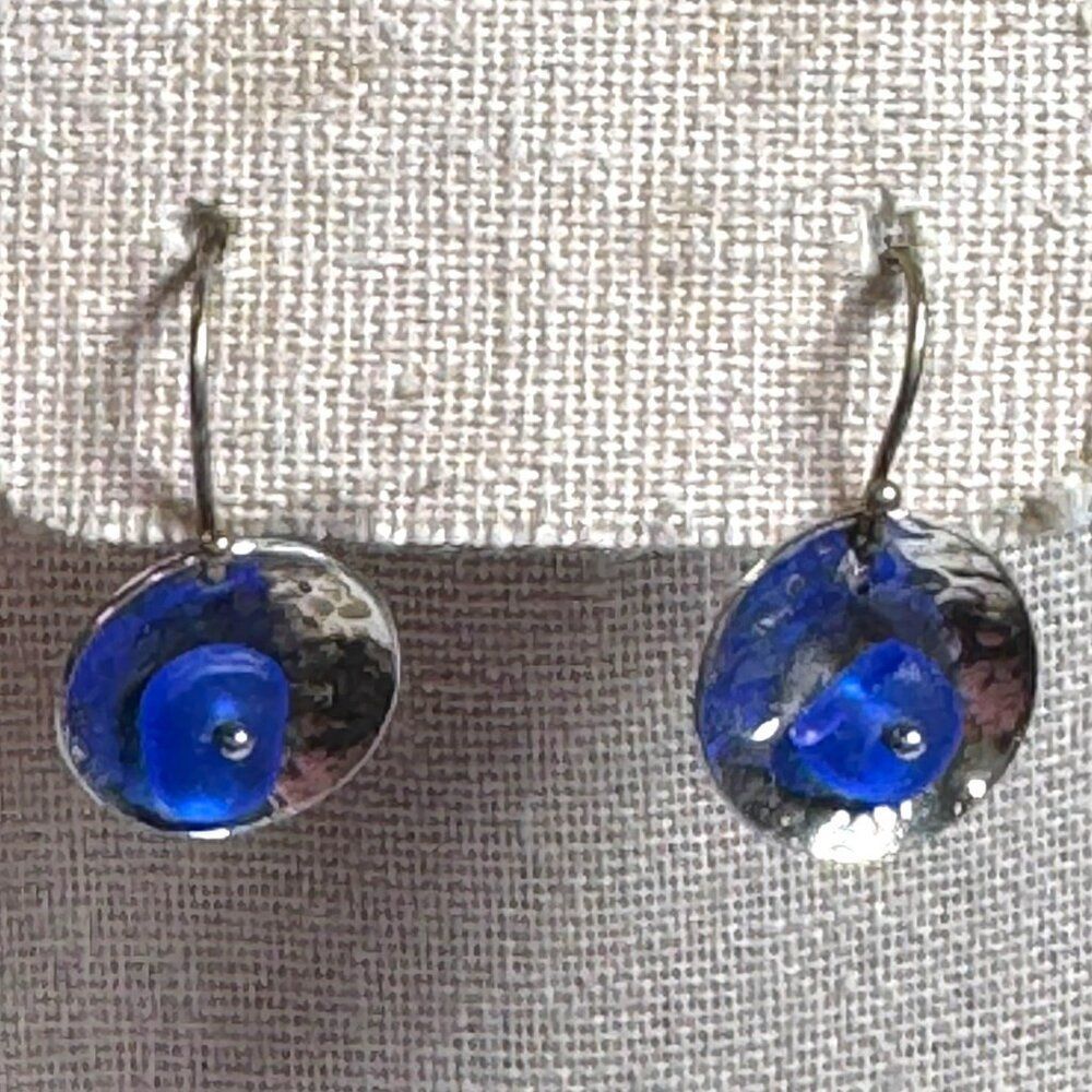 Vintage Sterling Silver & Cobalt Blue Sea Glass Dangle Earrings Hammered Finish